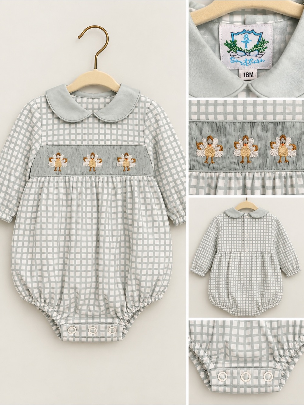 Thanksgiving Smocked Grid-Print Baby One-Piece with Peter Pan Collar